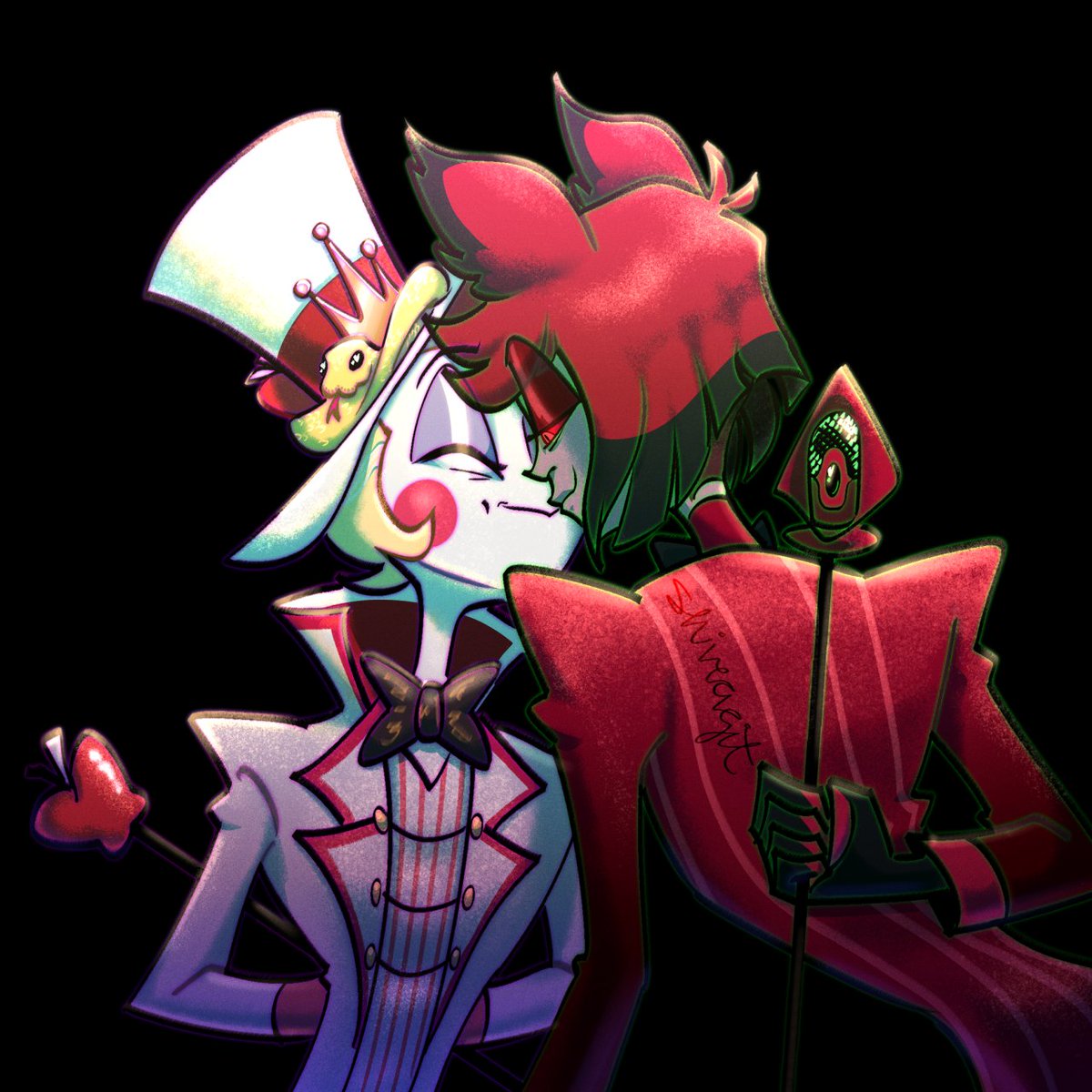ShivLoDeM's tweet photo. Choo Choo  on the kiss train 

CinamonApple Lovers #hazbinhotel #Alastor #Lucifer #radioapple https://t.co/w9eHRtju6r