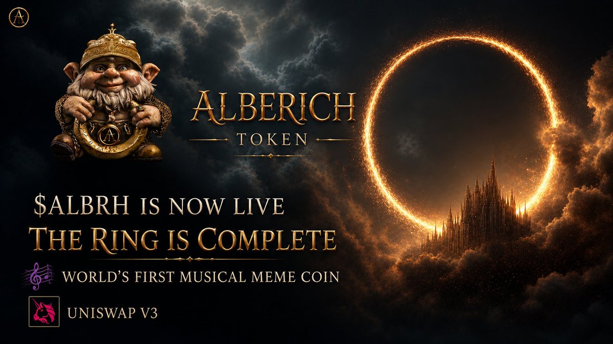 AlberichToken's tweet photo. 🚨 $ALBRH IS NOW LIVE! 🚨

🦄 TRADE: https://t.co/DKvs33DJ1D

THE RING IS COMPLETE. ⚔️🔥

🎼 The World’s First Musical Meme Coin has officially arrived.

Two years in the making. From myth and music to the blockchain – Alberich has awakened.

⚡ Uniswap V3 • Ethereum

✅ OFFICIAL $ALBRH CONTRACT:
 0x7AdBfd873084dB714A57eD648ee69Aa4627Cb998

The legend begins NOW. 🔥