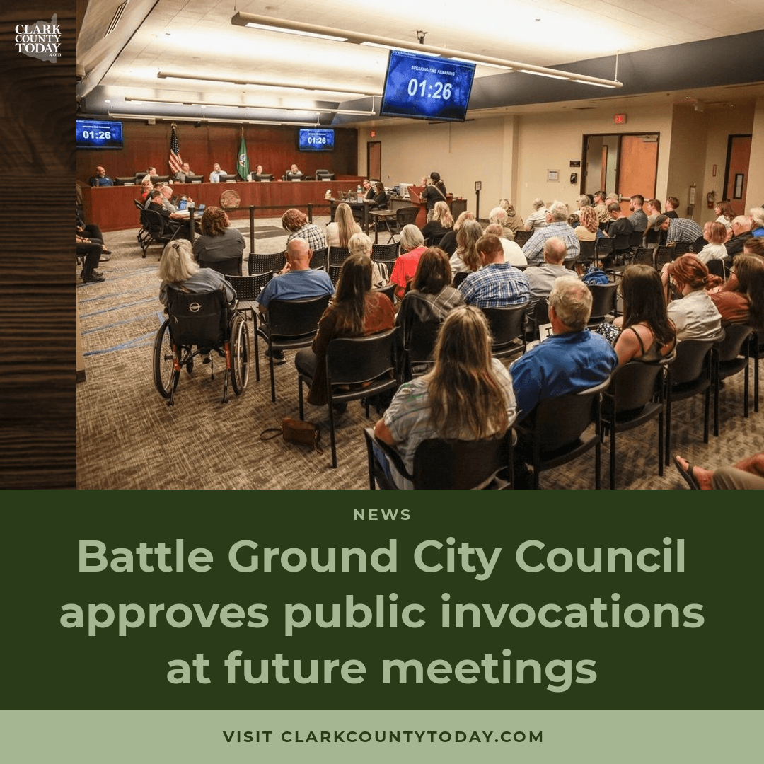 NewsFromCCT's tweet photo. Battle Ground City Council voted 5-1 to allow public invocations before meetings, open to all faiths or none, first-come first-served. Councilor Kuypers was the lone no vote. https://t.co/Mp6BzK9h12 #BattleGround #ClarkCounty
📷 Photo courtesy Cade Barker/The Reflector Newspaper https://t.co/LGvyNbNJzO