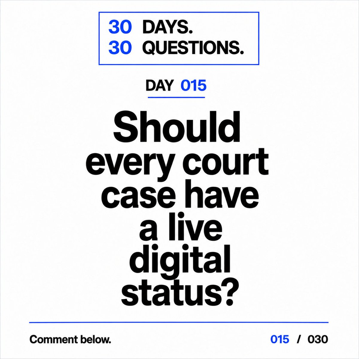 Uprise4All's tweet photo. 30 Days. 30 Questions.

DAY 015

Should every court case have a live digital status?

Filing. Hearings. Orders. Next dates. Progress.

Should citizens be able to see where their case stands?

Comment below.

#uprise #30days30questions #justice #judiciary https://t.co/mjZAahUT02