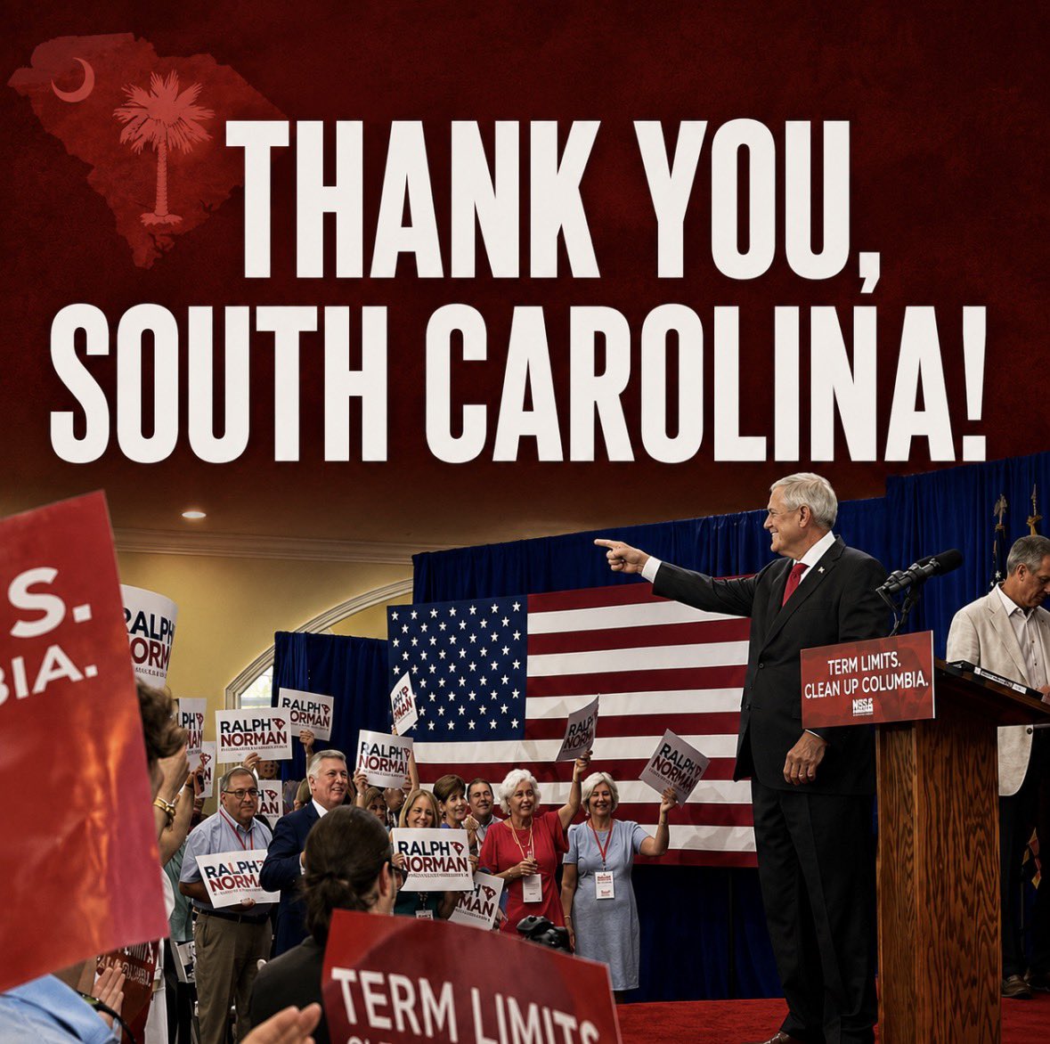 RalphNormanFan's tweet photo. THANK YOU, SOUTH CAROLINA 🇺🇸

Ralph Norman’s headed to the U.S. Senate run-off! South Carolina is ready for a PROVEN CONSERVATIVE.

If you backed Russell Fry, Mark Sanford or Mark Lynch: you have a home on Team Norman.

Let’s unite and give South Carolina leadership it deserves. https://t.co/BlexShiRPv
