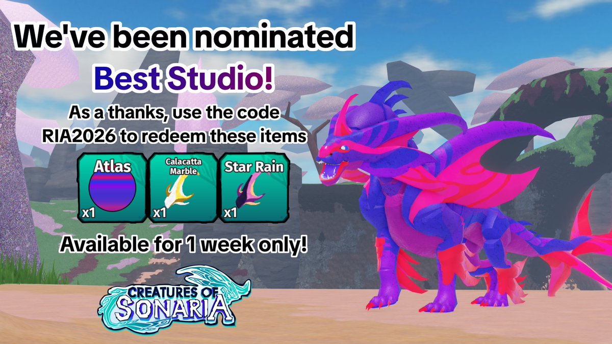 SonariaRBLX's tweet photo. Our studio, Twin Atlas, was nominated for best studio!
 
Be sure to vote for Twin Atlas and our brand game, KPOP Demon Hunters in the RIA2026 Voting Hub happening in The Block! 🎉

As an appreciation for fans of our games, we're releasing a code to redeem our Atlas Palette, Calacatta Marble Signature Palette, and Star Rain Palette, RIA2026.

Redeem the code in-game by clicking the blue "Redeem Codes" button on the bottom left in the menu.

🔽Vote for us!

#CreaturesofSonaria #Roblox