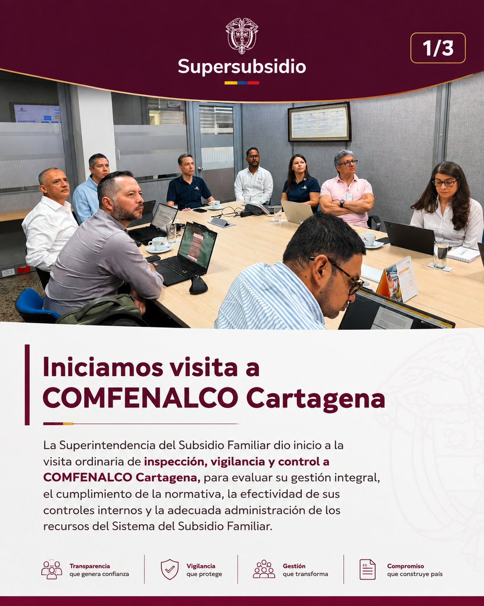 Supersubsidio's tweet photo. 📍 La Superintendencia del Subsidio Familiar adelantó su visita de inspección, vigilancia y control a COMFENALCO Cartagena, evaluando la gestión integral, la ejecución de programas y servicios sociales, y la adecuada administración de los recursos del Sistema del Subsidio Familiar.

Transparencia, vigilancia y compromiso: así seguimos fortaleciendo el bienestar de los trabajadores colombianos y sus familias. 🇨🇴

#Supersubsidio #SubsidioFamiliar #Cartagena