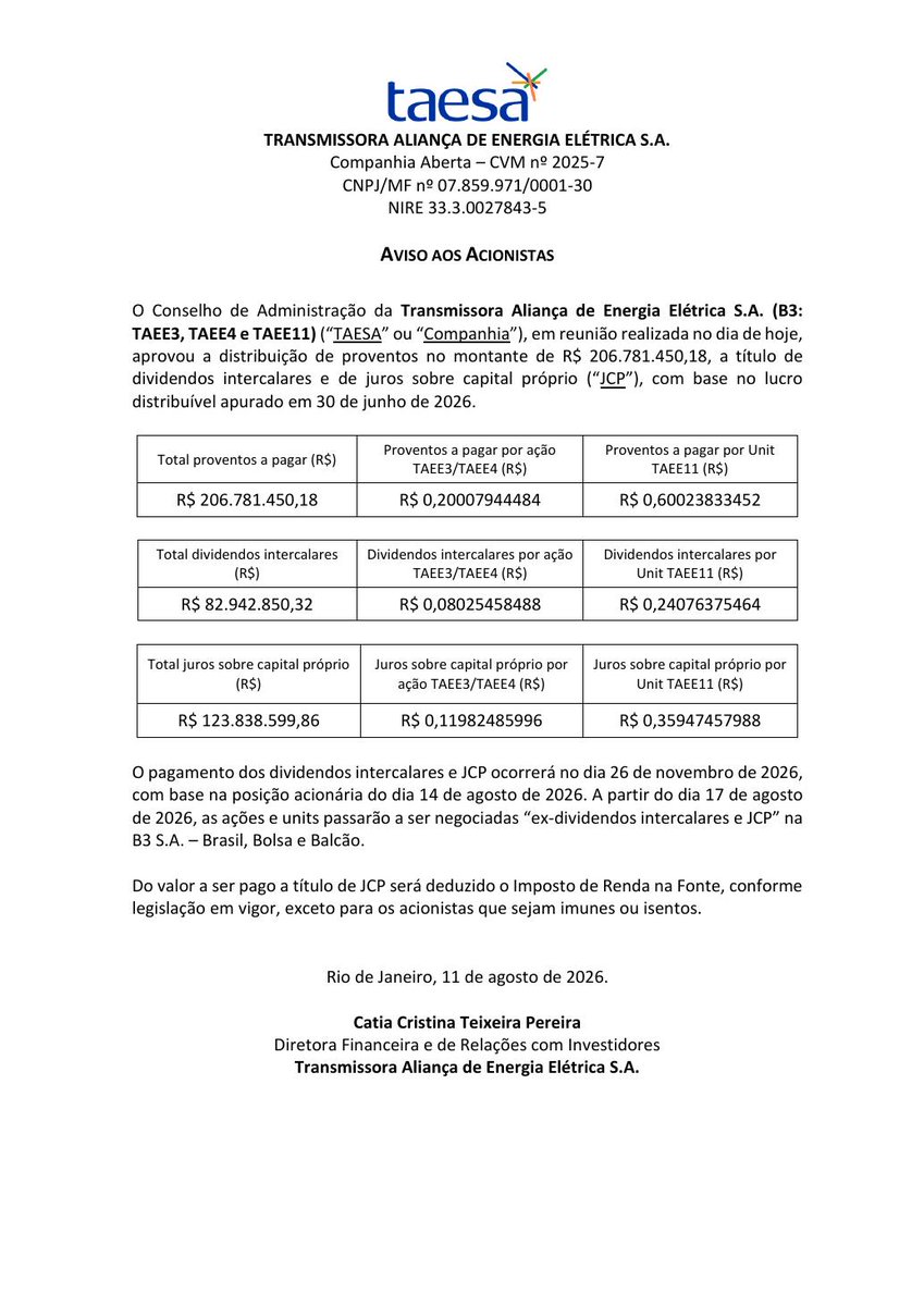 AvisosDaBolsa's tweet photo. TRANSMISSORA ALIANÇA DE ENERGIA ELÉTRICA S.A. - Dividendos/Juros sobre Capital Próprio; Aviso Acionistas - Pagamento de dividendos intercalares e Juros sobre Capital Próprio (JCP) #TAEE3 #TAEE4 #TAEE11 #PAGAMENTO #DIVIDENDO #JCP #JCP https://t.co/Gy8ff2fQQV