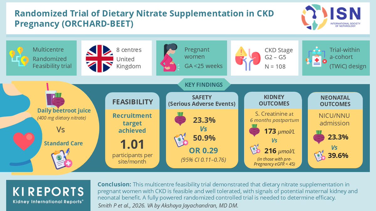 KIReports's tweet photo. Randomized Trial of #Dietary #Nitrate Supplementation in #CKD #Pregnancy (ORCHARD-BEET)

#VisualAbstract by @DrAkshayaJ

https://t.co/wjHEazrzCb https://t.co/0EePSjT8az