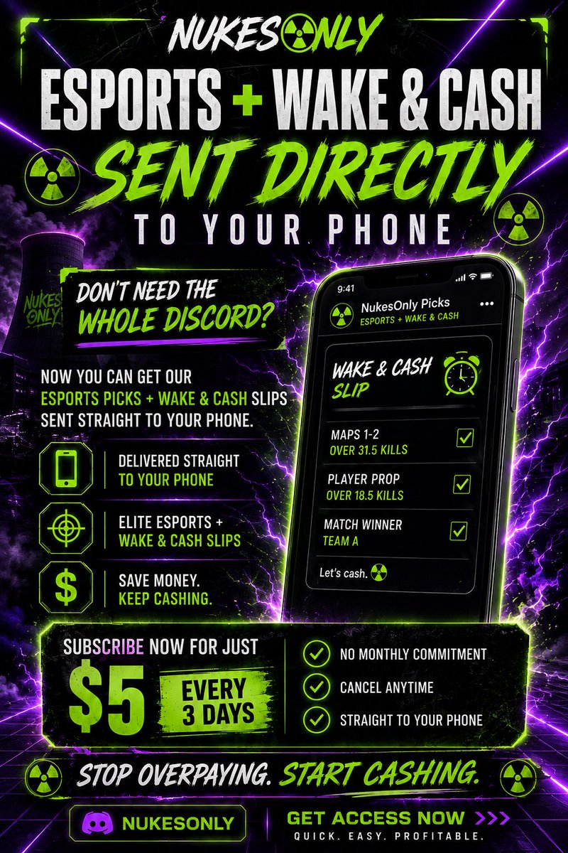 NukesOnlyVIP's tweet photo. ☢️ FOR MY ESPORTS BETTORS

Only here for the Esports + Wake & Cash slips? You don’t need the full Discord membership anymore.

📲 Picks sent directly to your phone
🎮 Esports + Wake & Cash access
💰 Just $5 every 3 days
✅ Cancel anytime

Save some bread and still get the plays you actually came for.

🔗: https://t.co/tIH3I0awYX

We Research. You Get The Edges. ☢️