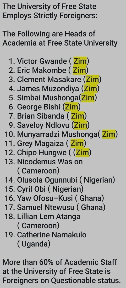 InkomoEsengwaYi's tweet photo. 60% or more lectures in the University of Free   State @UFSweb @UFSeducation are foreigners, and 100% admin staff, cleaners &amp; security. SA🇿🇦 citizens are unemployed. @MYANC hate SA🇿🇦 citizens @CyrilRamaphosa @MbalulaFikile @GwedeMantashe1 @Lesufi @Mathews_Phosa @PhophiRamathuba https://t.co/xrLsFU372A