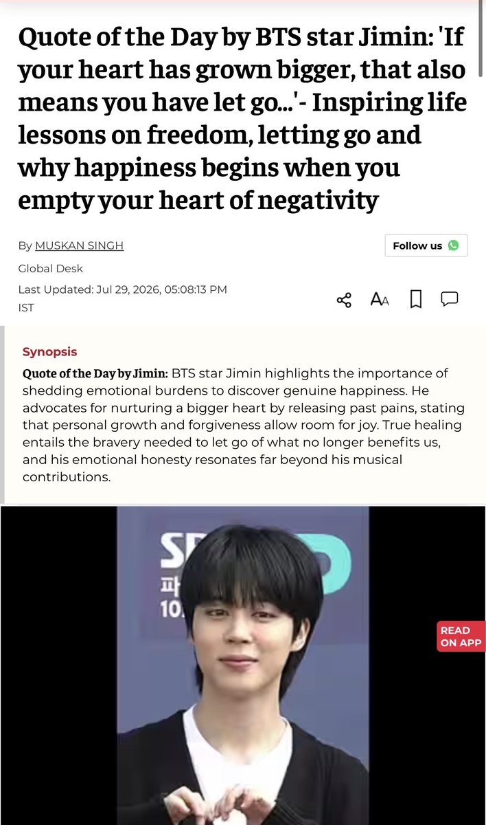 Kpop_Herald's tweet photo. .@bts_bighit’s Jimin has been featured by India’s Economic Times for his words on emotional growth and healing. 💜

The outlet named his words “Quote of the Day,” quoting a line from BTS’ documentary film “BRING THE SOUL: THE MOVIE”: “If your heart has grown bigger, that also means you have let go….”

#BTS #JIMIN