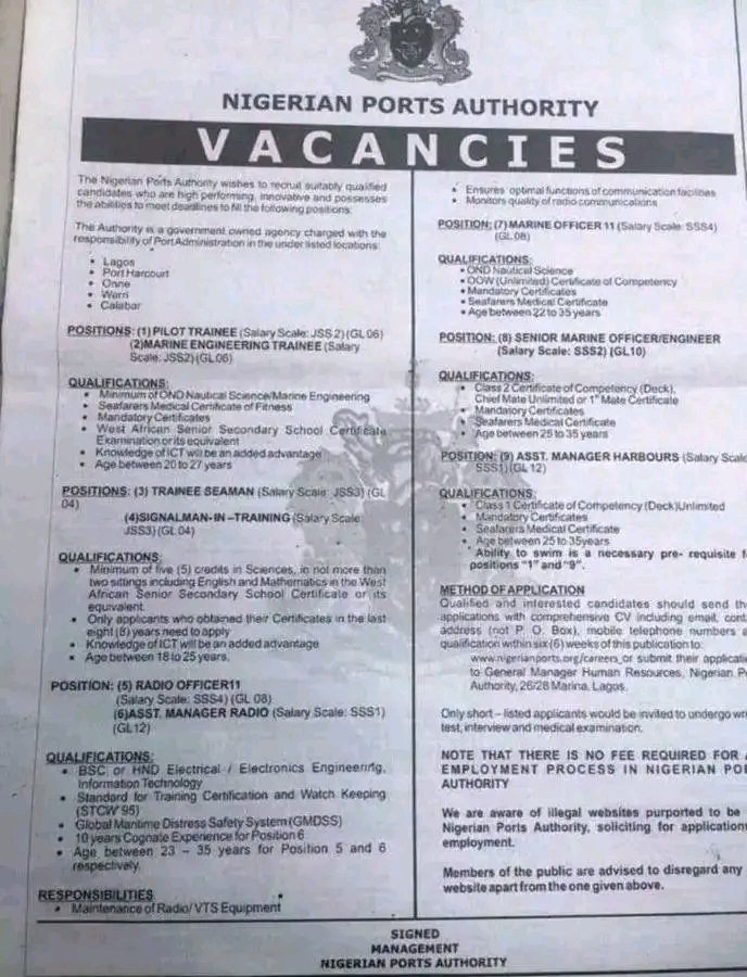 MuhammadATanim1's tweet photo. Nigerian Ports Authority: is hiring 👇👇

🔹 Pilot Trainee
🔹 Marine Engineering Trainee
🔹 Trainee Seaman
🔹 Signalman-in-Training
🔹 Radio Officer II
🔹 Assistant Manager Radio
🔹 Marine Officer II
🔹 Senior Marine Officer/Engineer
🔹 Assistant Manager Harbours https://t.co/BJpb5lWihi