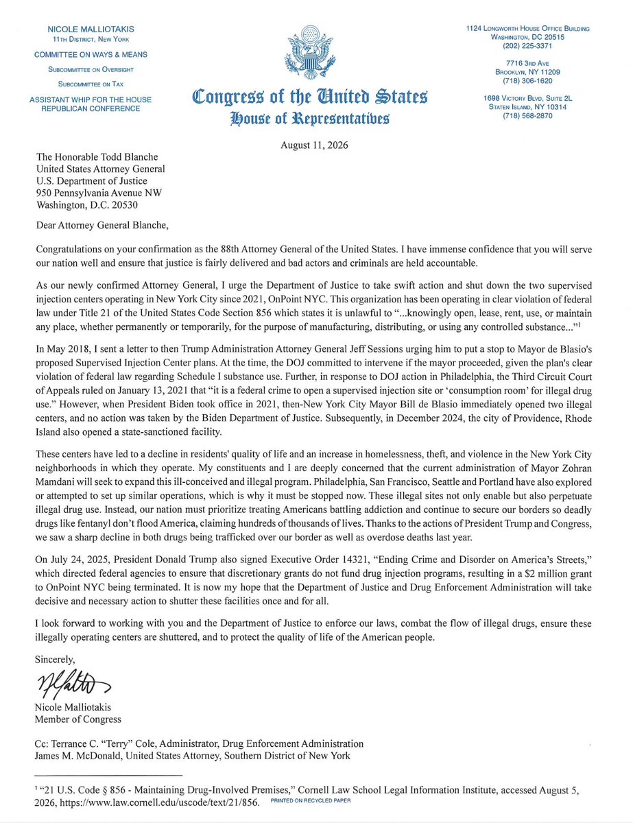 RepNicole's tweet photo. I wrote to @AGToddBlanche to urge swift action by @TheJusticeDept to shut down NYC’s supervised injection centers and enforce federal law. These illegal sites enable continued drug use and negatively impact quality of life of New Yorkers. READ MORE ⬇️ https://t.co/e2WkgynMBU https://t.co/53fgthvVI7