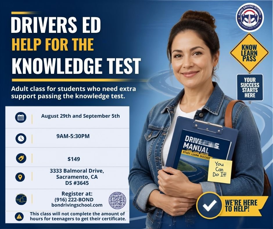 4BondDriving's tweet photo. ATTENTION ADULTS⚠️

Our Adults Drivers Education classes are starting soon! August 29th is the first class session from 9 am- 5:30 pm. You can call us today at (916)222-BOND or visit us at https://t.co/tnIkxoFSxz to register today!
#bonddrivingschool 
#sacramento 
#adultdriversed https://t.co/2rWzhwVD3l
