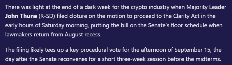 Crypt0Senseii's tweet photo. 🚨 CLARITY moves to September as SEC starts crypto rulemaking

According to @EleanorTerrett, CLARITY still has a path forward in September while the SEC prepares its own crypto offering proposal.

👉 Cloture was filed on the motion to proceed
👉 Procedural vote is expected after the Senate returns in September
👉 SEC meets August 14 on proposed crypto offering rules
👉 Proposal could create tailored exemptions and safe harbors for certain crypto offerings

Congress and regulators are now moving on parallel tracks. CLARITY would set the broader market structure, while SEC rulemaking could start defining how certain crypto offerings can legally reach investors before Congress finishes the bill.

September now matters on two fronts: the Senate gets another shot at moving CLARITY forward, while the SEC may already be building part of the regulatory framework around token issuance.

#CLARITYAct #Crypto