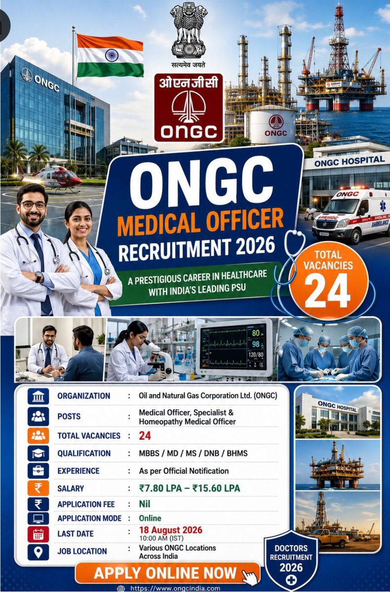 Vsaharan_MBBS's tweet photo. Vacancy @ONGC_  for Medical Officers 
Grab ASAP 🇮🇳💯 https://t.co/ahGiwPaEu5