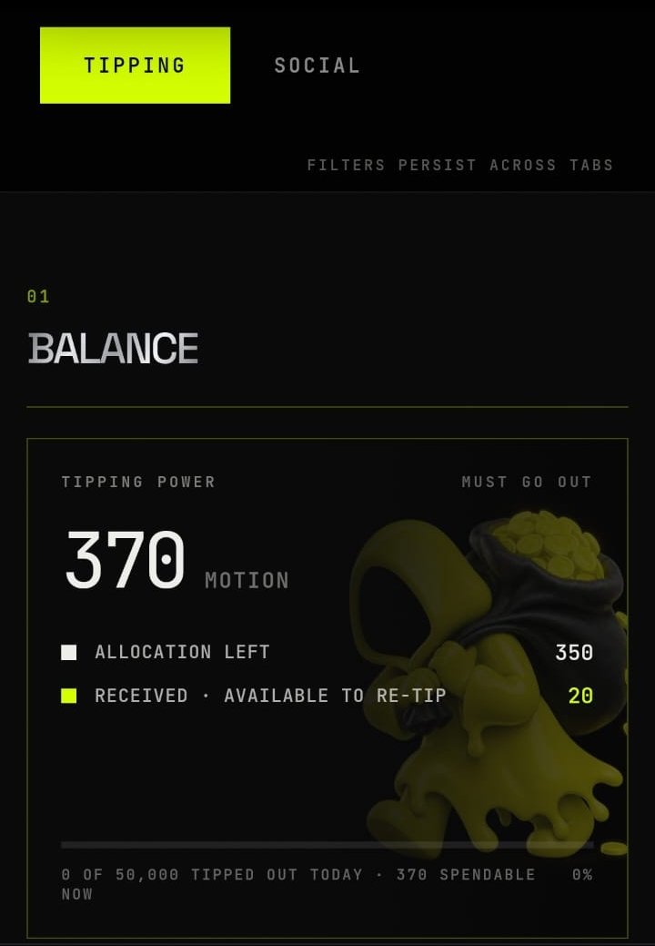 Bangneymarnih's tweet photo. most people see @motiontip as another social platform.

but the interesting part is the TipFi mechanism 👀

social activity → points → token burn → tip allocation

80% of the treasury is dedicated to burn + tipping, while $MOTION has a fixed 1B supply with no mint function. https://t.co/eKG6XN19Mh