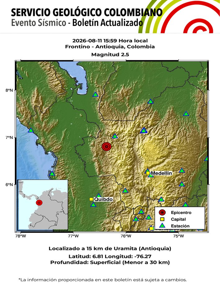 sgcol's tweet photo. #SismosColombiaSGC Evento Sísmico - Boletín Actualizado 1, 2026-08-11, 15:59 hora local Magnitud 2.5, Profundidad superficial, Frontino - Antioquia, Colombia ¿Sintió este sismo? repórtelo https://t.co/pgC7OC2O7j https://t.co/63pt8nVsSe #Temblor #Sismo https://t.co/kL5vBngeAS