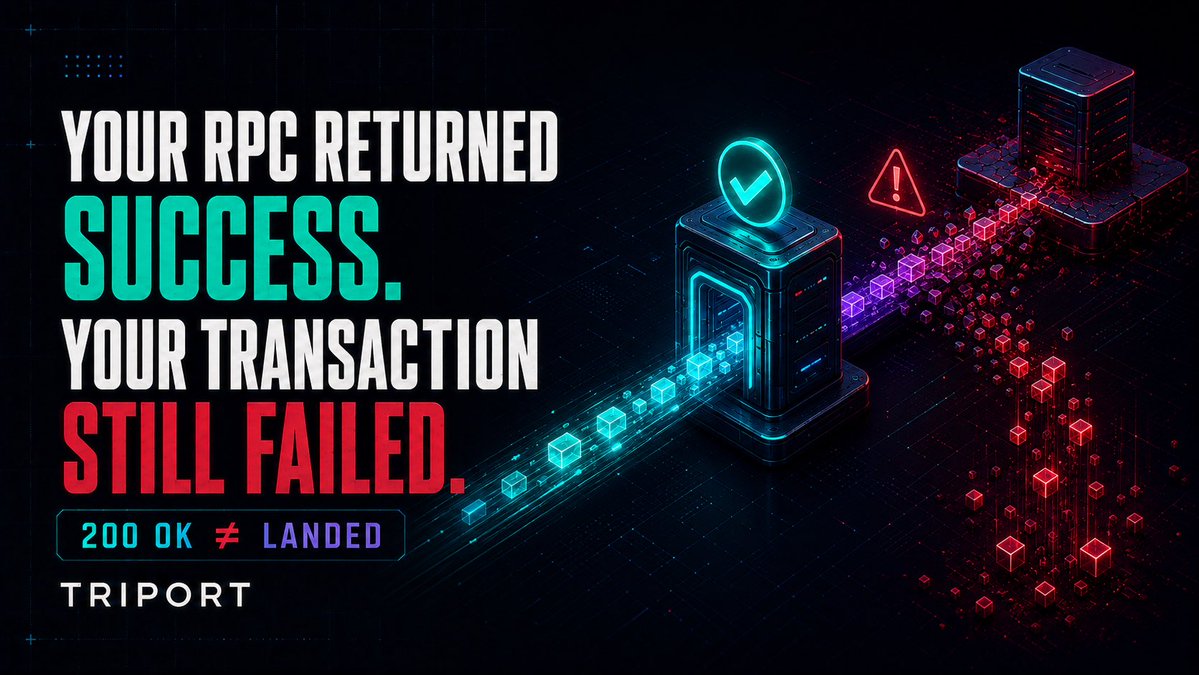 triport_io's tweet photo. At Triport, we treat transaction delivery as a separate infrastructure layer from ordinary RPC reads: simulation, priority-fee data, transaction submission, bundle delivery and status tracking solve different parts of the pipeline.

Because a fast RPC response is not the outcome your application needs.

Your trading bot does not make money when the endpoint returns 200 OK.

It makes money when the transaction lands.