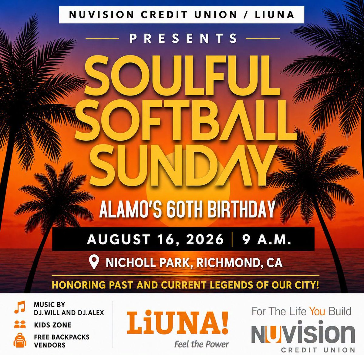 SafeReturnProj1's tweet photo. Join us this Sunday, 8/16, at Nicholl Park in Richmond for SOULFUL SOFTBALL SUNDAY &amp; Alamo's 60th Birthday! The fun starts at 9:00 a.m. Enjoy softball, connect with neighbors, and learn about health, education, and wellness. Free event. We hope to see you there! https://t.co/iGTRIS2Kn7