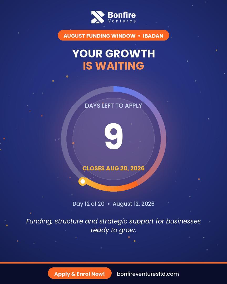 BonfireVltd's tweet photo. 9 days. That’s all that stands between you and the next opportunity.

Your business has the vision. Now make the move that could help take it further.

Don’t watch the countdown. Be part of it.

#BonfireVentures
#BusinessFunding
#BusinessGrowth
#IbadanBusinesses https://t.co/5OG8WMxjSk