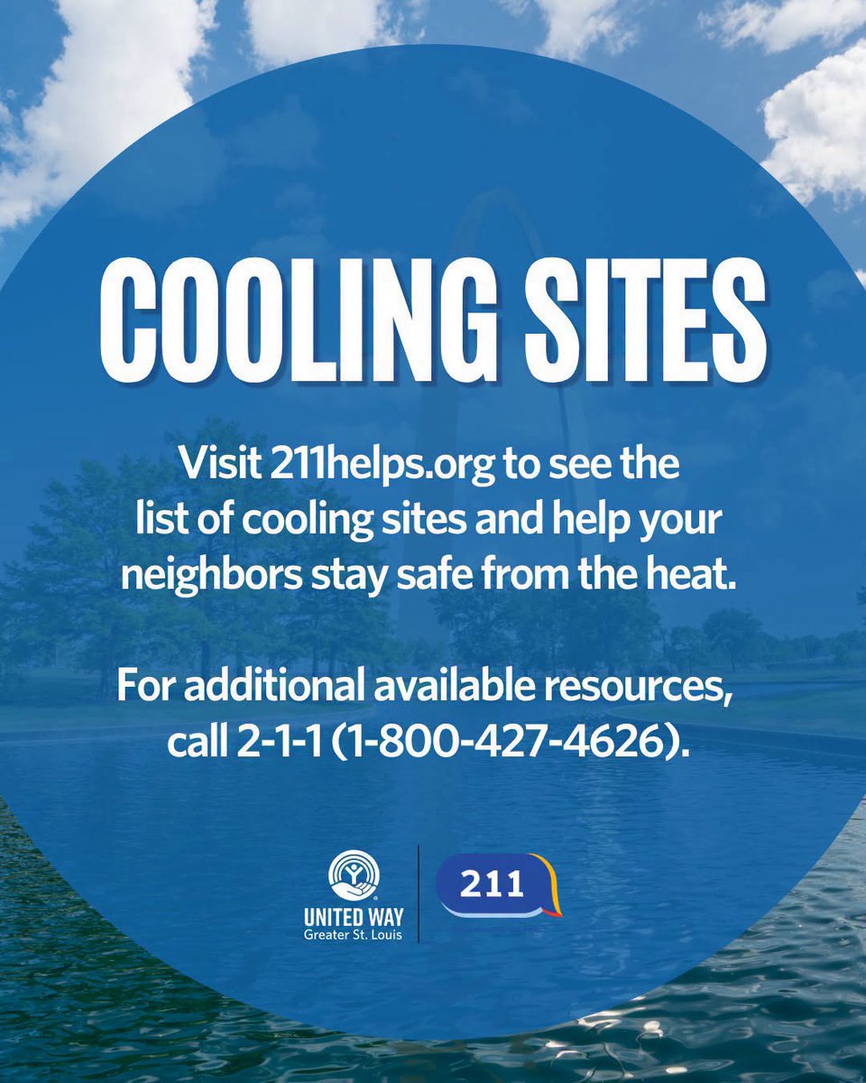 UnitedWaySTL's tweet photo. 🚨Extreme heat warning in St. Louis! 🚨

Dial 211 or visit https://t.co/5TAto04Iun to find cooling centers and other local resources available throughout our region.

United, we help our neighbors stay safe, even on the hottest of days. https://t.co/4k44dLj41E