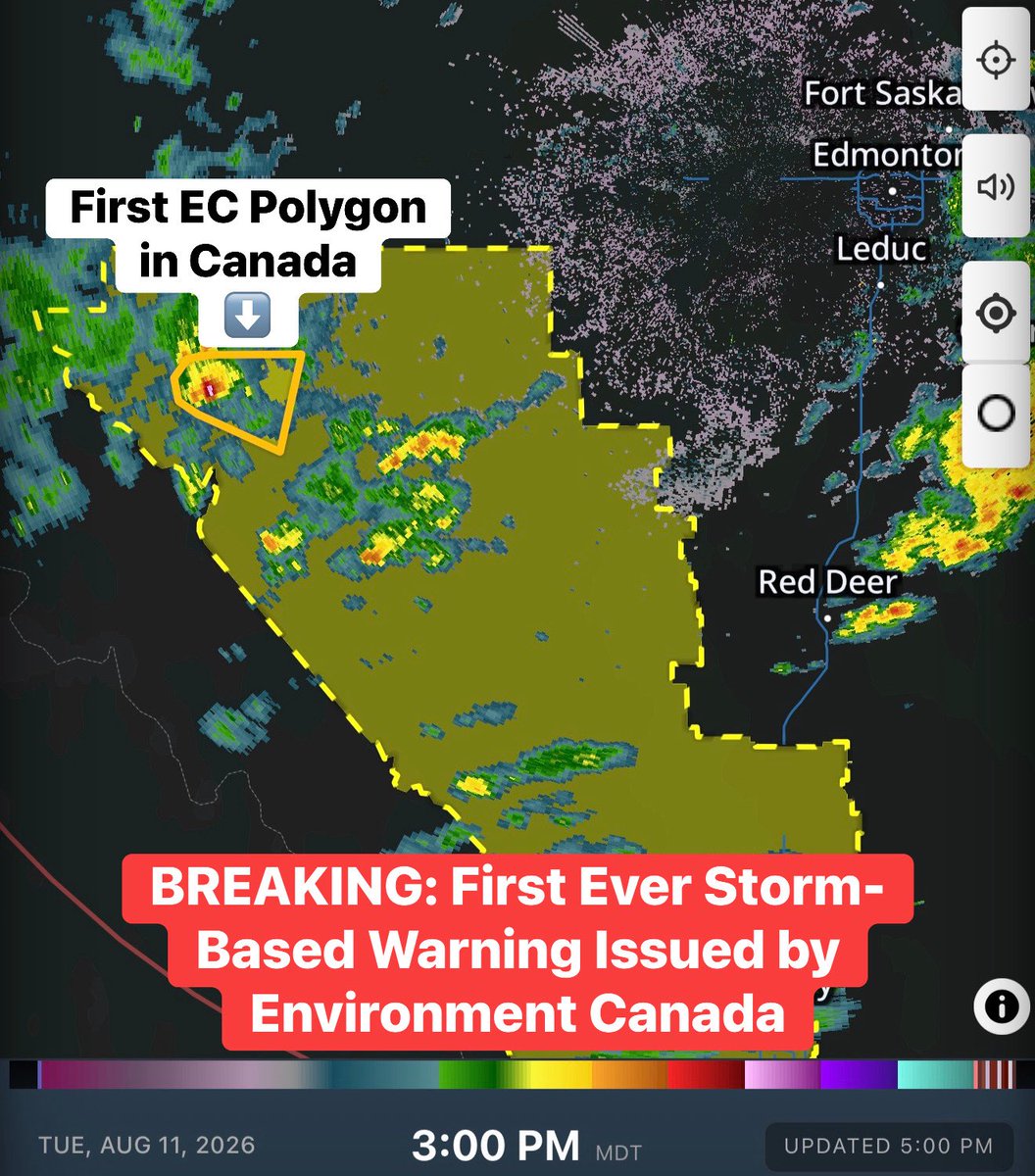 IWeatherON's tweet photo. 🎶 It’s a polygon time! 🎶

The FIRST EVER storm-based warning in Canada has just been issued by Environment Canada.

And the winner is… Alberta!

Isn’t it beautiful? 😍

Welcome to the 21st century, Environment Canada!

- Brennen https://t.co/kK2vxkD7kd