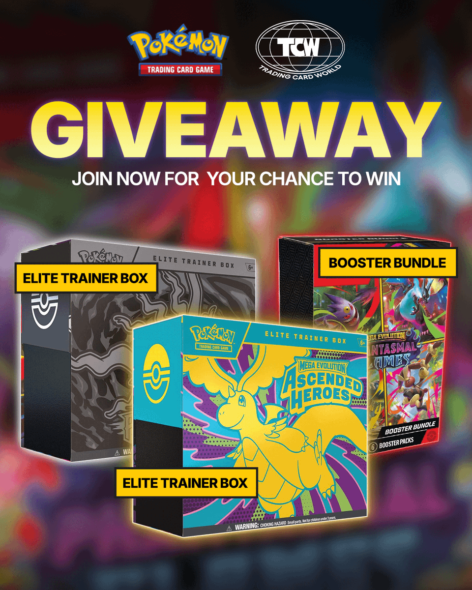 TradingCardWRLD's tweet photo. Who's ready for another Pokemon giveaway 👀

We're giving away THREE prizes to THREE different winners.

Prizes 🎁
1x Mega Evolution: Ascended Heroes Elite Trainer Box
1x Mega Evolution: Pitch Black Elite Trainer Box
1x Mega Evolution: Phantasmal Flames Booster Bundle

To Enter 👇
1️⃣ Follow @TradingCardWRLD
2️⃣ Like & RT
3️⃣ Tag A Friend 

Giveaway Ends 8/21 ⏰