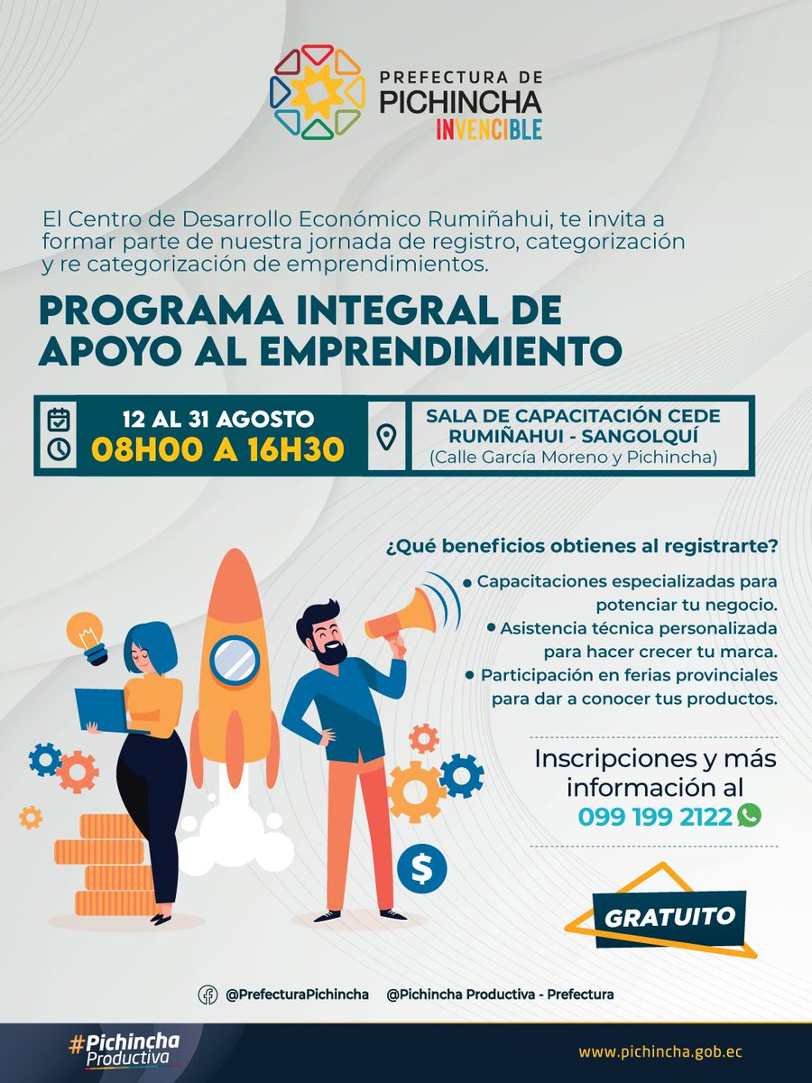 PichinchaGob's tweet photo. 🚀 ¡Impulsa tu emprendimiento con nuestro programa integral! 🚀

✅ ¿Qué beneficios obtienes al registrarte?
✨ Capacitaciones especializadas para potenciar tu negocio
🤝 Asistencia técnica personalizada para hacer crecer tu marca
🛍️ Participación en ferias provinciales para dar a conocer tus productos

📅 Del 12 al 31 de agosto
🕐 08h00 a 16h30
📍 Sala de Capacitación CEDE Rumiñahui - Sangolquí (Calle García Moreno y Pichincha)

¡TOTALMENTE GRATUITO!

No dejes pasar esta oportunidad de fortalecer tu emprendimiento y ser parte de una red de apoyo real.

📲 Inscripciones e información: 099 199 2122

#PichinchaInvencible
#PichinchaProductiva
