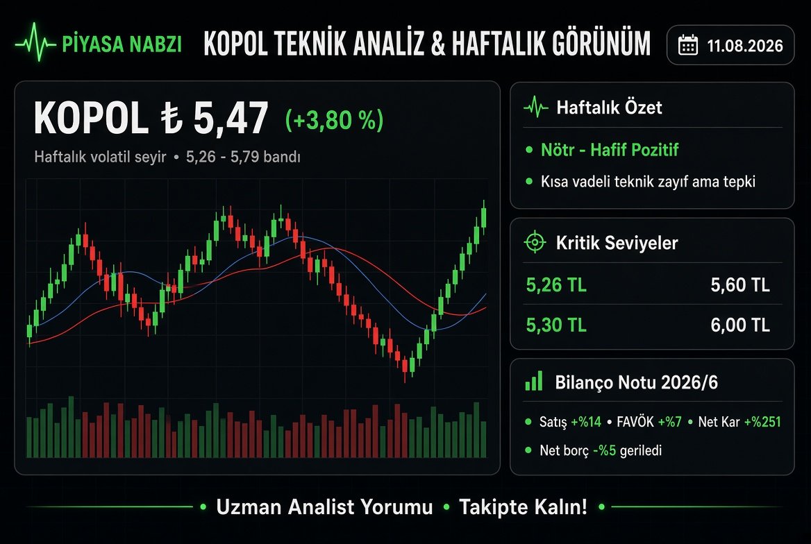 PiyasaNabizi's tweet photo. Merhaba Piyasa Nabzı Ailesi! 
Sevgili takipçilerim, bugün #KOPOL (Koza Polyester) hissesini ve bu haftaki teknik + konjonktürel görünümünü detaylı şekilde masaya yatırıyorum. Ayrıca 10 Ağustos’ta açıklanan 2026/6 bilanço yorumunu da ekliyorum.Hafta içinde 5,26 – 5,79 bandında volatil bir seyir izledik. Hisse Temmuz ayında 6,80-6,90’lı seviyeleri test ettikten sonra kademeli düşüş yaşadı.
11 Ağustos kapanışı 5,47 TL civarında (+%3,80) gerçekleşti (önceki kapanış 5,27 TL).Yılbaşından bu yana yatay-zayıf performans sergileyen KOPOL, polyester elyaf ve kimya sektöründeki fiyat hareketleriyle öne çıkıyor. Kısa vadede teknik göstergeler (RSI düşük seviyelerde, MACD negatif, hareketli ortalamaların altında) zayıf görünürken, bugünkü hacimli yükseliş ve bilanço etkisiyle tepki alımı geldi. Orta vadeli trend hâlâ baskı altında.Kritik SeviyelerDestekler: 5,30 – 5,26 (kısa vadeli kritik) • 5,00 – 4,90  
Dirençler: 5,60 – 5,80 • 6,00 – 6,50 (yakın dönem zirve bölgesi)

Haftalık ÖzetNötr – Hafif Pozitif (bugünkü tepkiyle)  
Kısa vadeli teknik zayıf ama toparlanma sinyali  
Hacim artışı dikkat çekici

Sektör NotuPolyester / kimya ve tekstil hammaddesi  
Hammadde fiyatları ve yurt içi talep etkili  
Tonaj bazında hacim baskısı devam ediyor, fiyat artışları destekliyor

2026/6 Bilanço Yorumu (Güçlü Net Kâr Sıçraması)Öne çıkan rakamlar (2026/6 vs 2025/6):  Satışlar: +%14 (3,06 milyar TL)  
Brüt Kar: +%11  
FAVÖK: +%7 (461,6 mn TL)  
Net Dönem Karı: +%251 (440,4 mn TL)

Güçlü yanlar: Net kârda sert artış, özkaynaklarda +%14 büyüme, net borçta -%5 gerileme (2,54 milyar TL).  İzlenmesi gerekenler: Operasyonel marjlar sınırlı iyileşti, ticari alacaklar yüksek seviyede, ton bazında satış hacminde düşüş var. Net kâr artışında finansman ve vergi kalemlerinin katkısı belirgin.  Genel skor: Büyüme 8/10 • Kârlılık 8/10 • Bilanço sağlığı 7/10 • Değerleme 7/10 → Genel görünüm 7,5/10  PD/DD ~1,30, F/K ~26 seviyesinde. Bilanço hisseye destek verdi, bugünkü yükselişte etkisi görüldü. Kısa vadede 5,60-5,80 direnci kritik.
#citas #kpeks #tknka #veyas #betae #saat #beste #sasa #BEWEN #QUICK #KARCL