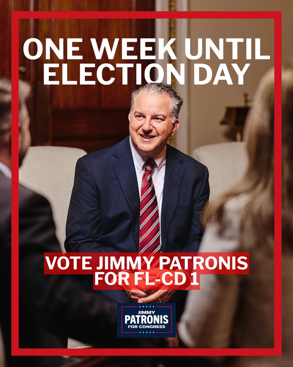JimmyPatronis's tweet photo. We are ONE WEEK out from Election Day! 🇺🇸
Early voting is underway across Santa Rosa, Walton, Okaloosa, and Escambia counties. Make your voice heard and vote for Jimmy Patronis on or before August 18! 🗳️🇺🇸 https://t.co/uudQh1YrHX