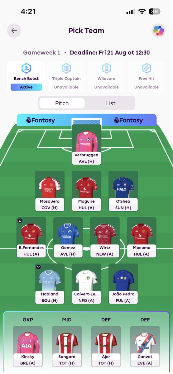 spry_ian's tweet photo. @FPLFocal Hi Oscar! Planning on BB1 to get it out of the way and reduce the risk of injuries messing up later plans. I like the Wirtz pick but I’m not opposed to downgrading to Ndiaye/Le Fee and upgrading Gomez and spreading the funds to defense. https://t.co/GdpZDcouv9
