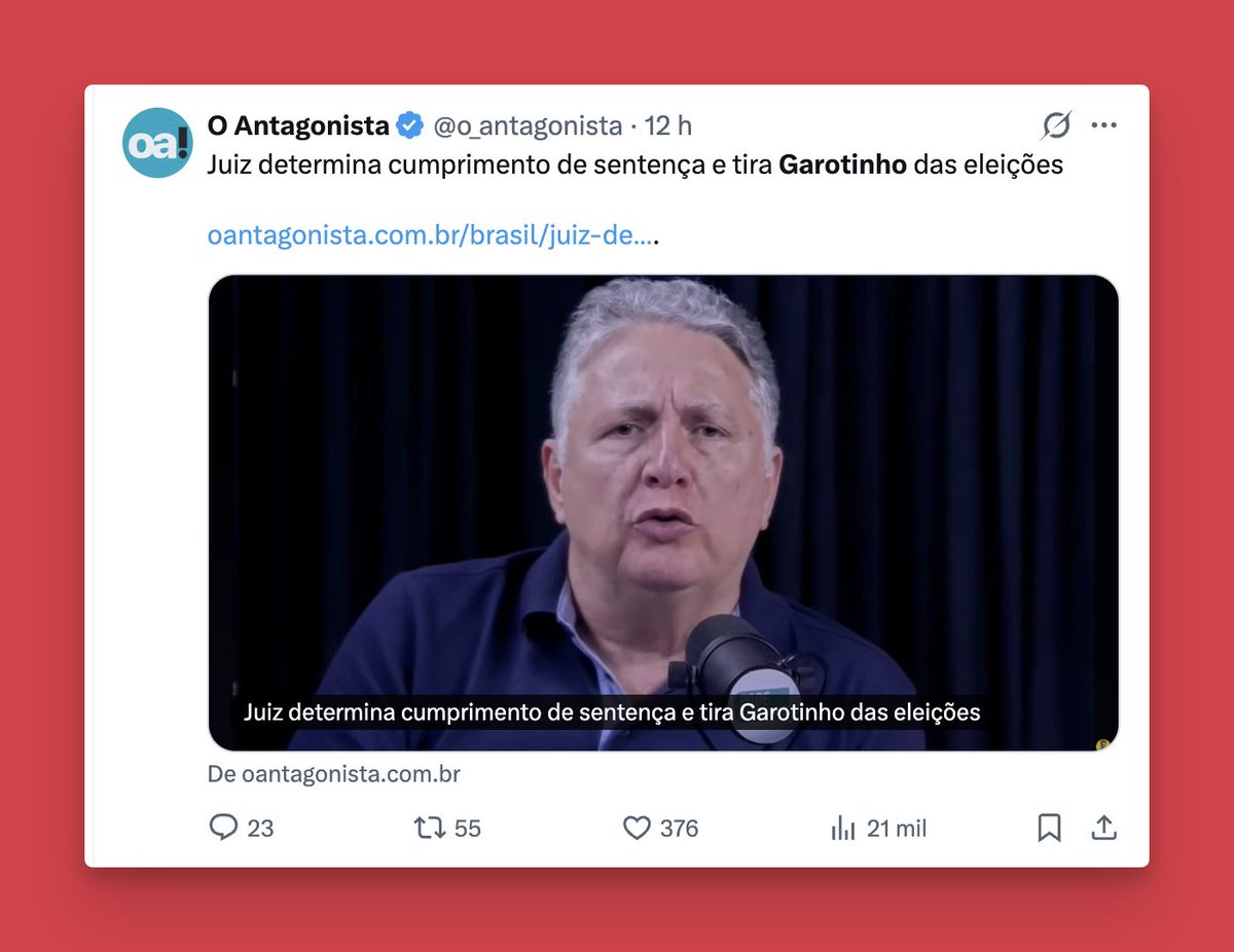 joao29pimenta's tweet photo. Ninguém deveria poder impugnar uma candidatura, só o eleitor, na hora do voto. É abusivo o Estado decidir em quem o trabalhador pode votar. Garotinho deveria ter direito de ser candidato. Todo poder emana do povo, ou pelo menos deveria. No mais, é a Globo "elegendo" governador. https://t.co/iASkWWN5xp