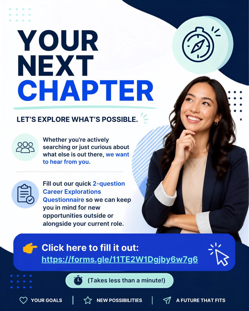paperboyp05's tweet photo. Let's explore what's possible! Whether you're searching or just curious, we want to hear from you. Fill out our quick 2-question Career Explorations Questionnaire here: https://t.co/b08ojI9gMQ
#YourMoveNow #ReadyForMore#MindsetRewired #WhatsYourWhy https://t.co/cqdUaDjidS