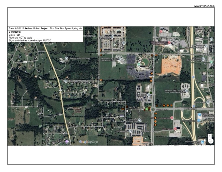 Springdale_AR's tweet photo. CLOSURE NOTICE: 
Don Tyson Parkway/Dearing Road is closed west of Gene George Boulevard, for sewer line construction, from 8/11-8/13, pending delays. https://t.co/ahpfzk7kor