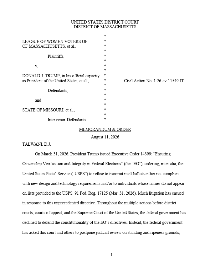 scotus_wire's tweet photo. 🚨 Judge Indira Talwani has issued a new injunction blocking USPS from implementing President Trump's executive order on mail-ballot rules for the 2026 midterms. The Supreme Court is currently weighing two requests to lift her earlier injunction against the same executive order. https://t.co/OtiHULUYK5