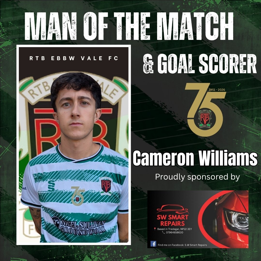 RTBEbbwValeFC's tweet photo. Tonight's Man of the Match goes to our goal scorer, Cameron Williams 👏

Cam covered every blade of grass and scored a beautiful free kick to go 1 nil up ⚽💚 https://t.co/TlsTSbS5Bb