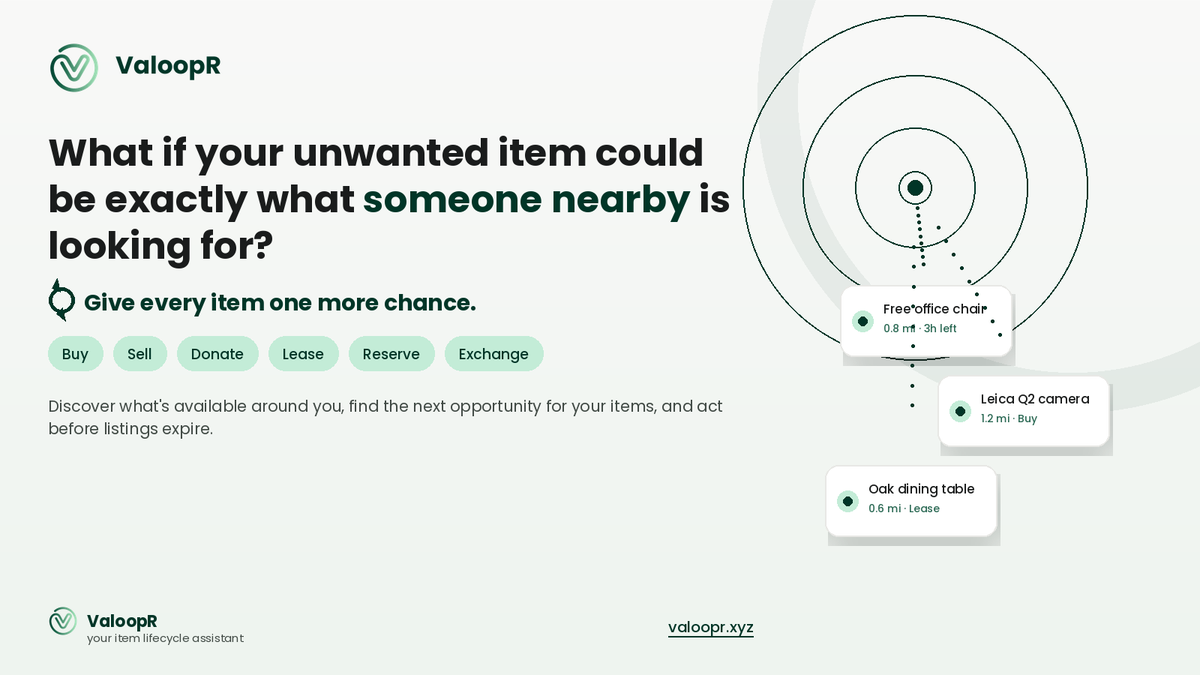 Valoopr's tweet photo. ValoopR — your item lifecycle assistant.

🔗 https://t.co/kdYmFK8AH4

#ValoopR #ItemLifecycle #CircularEconomy #Reuse #LocalDiscovery #SustainableLiving #SecondHand #CircularLiving #BuySellReuse https://t.co/aWjslwFweL