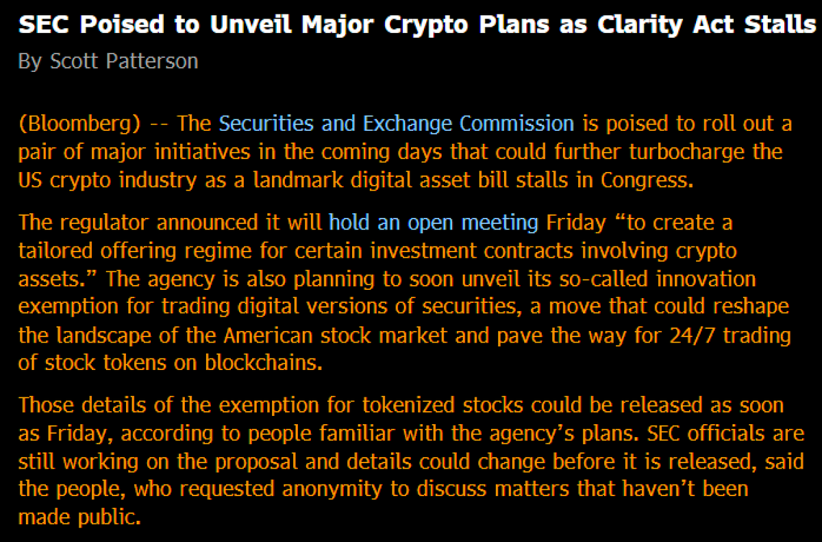 EricBalchunas's tweet photo. Interesting: the SEC poised to roll out a pair of major initiatives in the coming days that could further turbocharge the US crypto industry as a landmark digital asset bill stalls in Congress. Scoop via @pattersonscott https://t.co/5cx8x5Feip