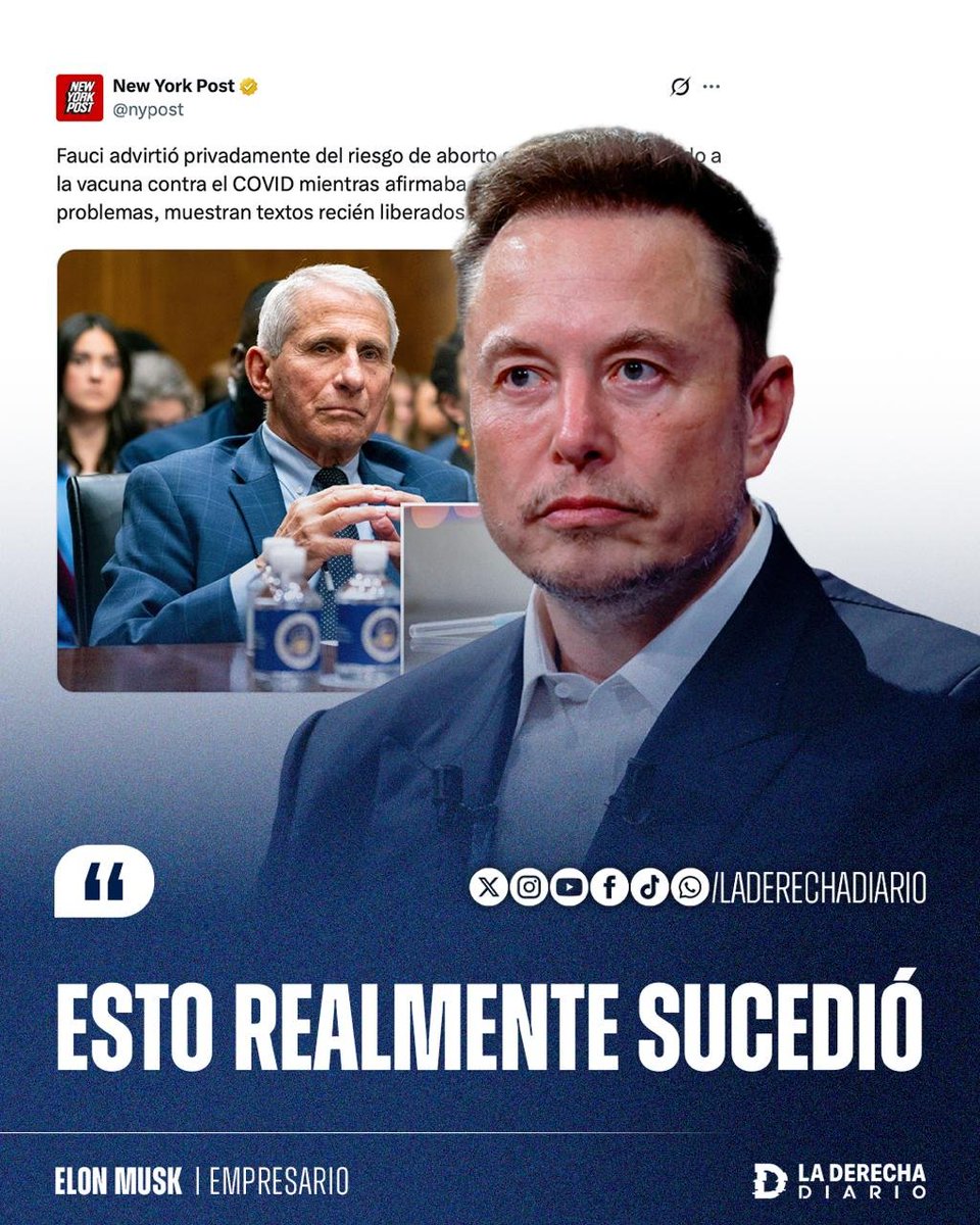 laderechadiario's tweet photo. 🚨🇺🇸 | "Esto realmente sucedió": Elon Musk explotó contra el siniestro Anthony Fauci tras revelarse sus mensajes de texto que prueban su conocimiento de los riesgos de abortos que poseía la vacuna contra el COVID en pacientes embarazadas, información que ocultó al público para impulsar su aplicación.