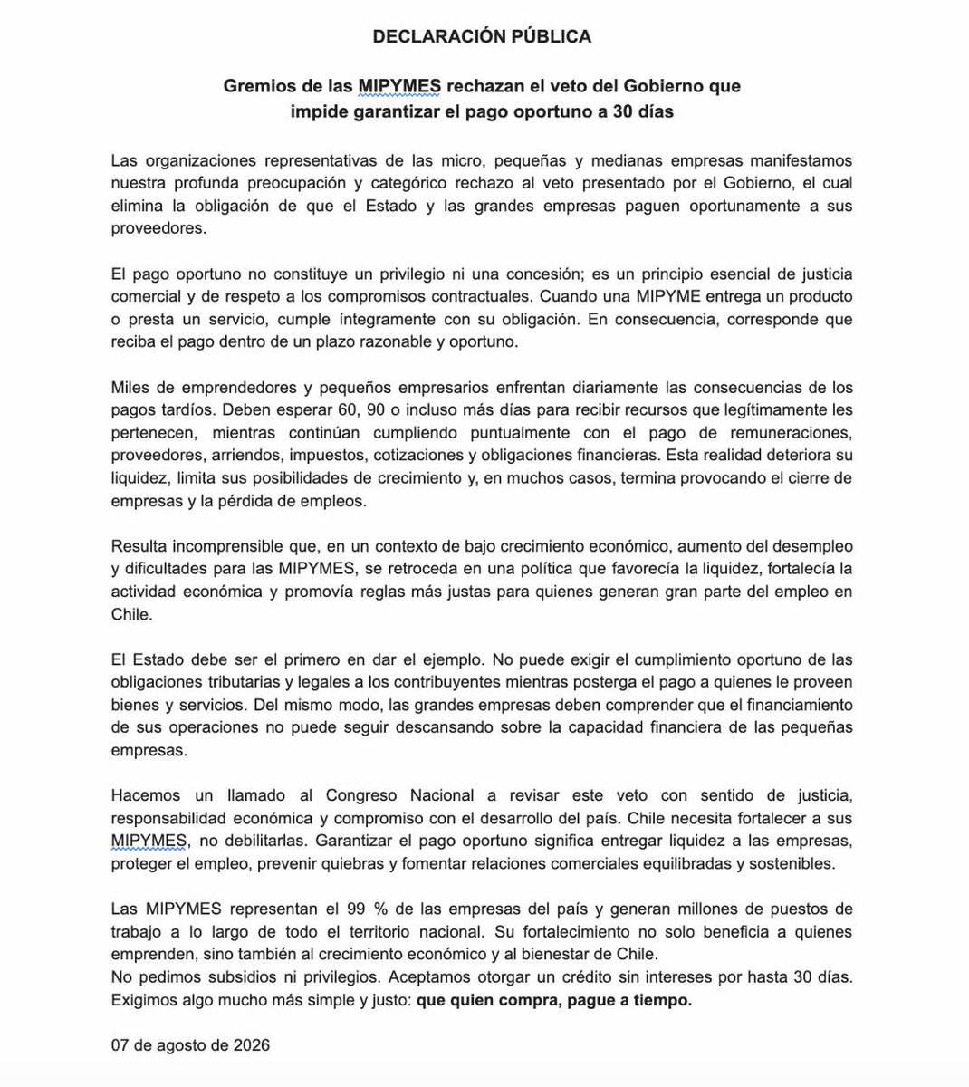 diego_ibanezc's tweet photo. Decenas de organizaciones de MIPYMES rechazan el veto de Kast al “Pago a 30 días”. Hacen un llamado al Senado a rechazar el veto y mantener una norma justa de cumplimiento contractual que permite mantener sus pagos de remuneraciones, arriendos, impuestos, cotizaciones y obligaciones financieras. Mañana rechazaremos el veto del gobierno 👇🏼
