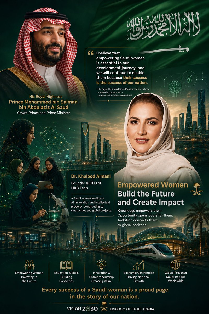 ajwalonline's tweet photo. وأجمل ما في هذا الطموح دكتورتنا أنه يروي حكاية وطنٍ آمن بالمرأة السعودية فمكّنها لا لتكون حاضرة في المشهد فحسب بل لتكون شريكةً فيه🇸🇦♥️

اليوم حين تصل امرأة سعودية بعلمها وابتكارها إلى العالم فهي لا تحمل نجاحها وحدها بل تحمل معها قصة وطنٍ فتح لها أبواب المستقبل ففتحت هي لوطنها أبوابًا جديدة في العالم🇸🇦♥️

د. خلود أمثالكِ هنّ أجمل شواهد التمكين وأصدق ترجمة لطموح وطن عظيم 🇸🇦

#رؤية_السعودية_2030 ♥️🇸🇦

#رؤية_2030  ♥️🇸🇦

  #SaudiVision2030   #HKBTech