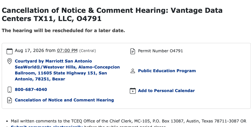PublicCitizenTX's tweet photo. With no explanation yet, @TCEQ canceled two upcoming public hearings for data center projects in San Antonio and Amarillo. Why? https://t.co/1tL8doRG9o
