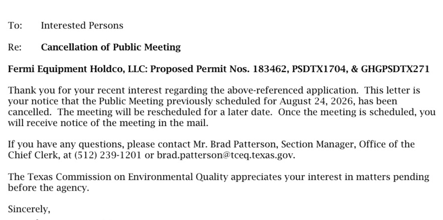 PublicCitizenTX's tweet photo. With no explanation yet, @TCEQ canceled two upcoming public hearings for data center projects in San Antonio and Amarillo. Why? https://t.co/1tL8doRG9o