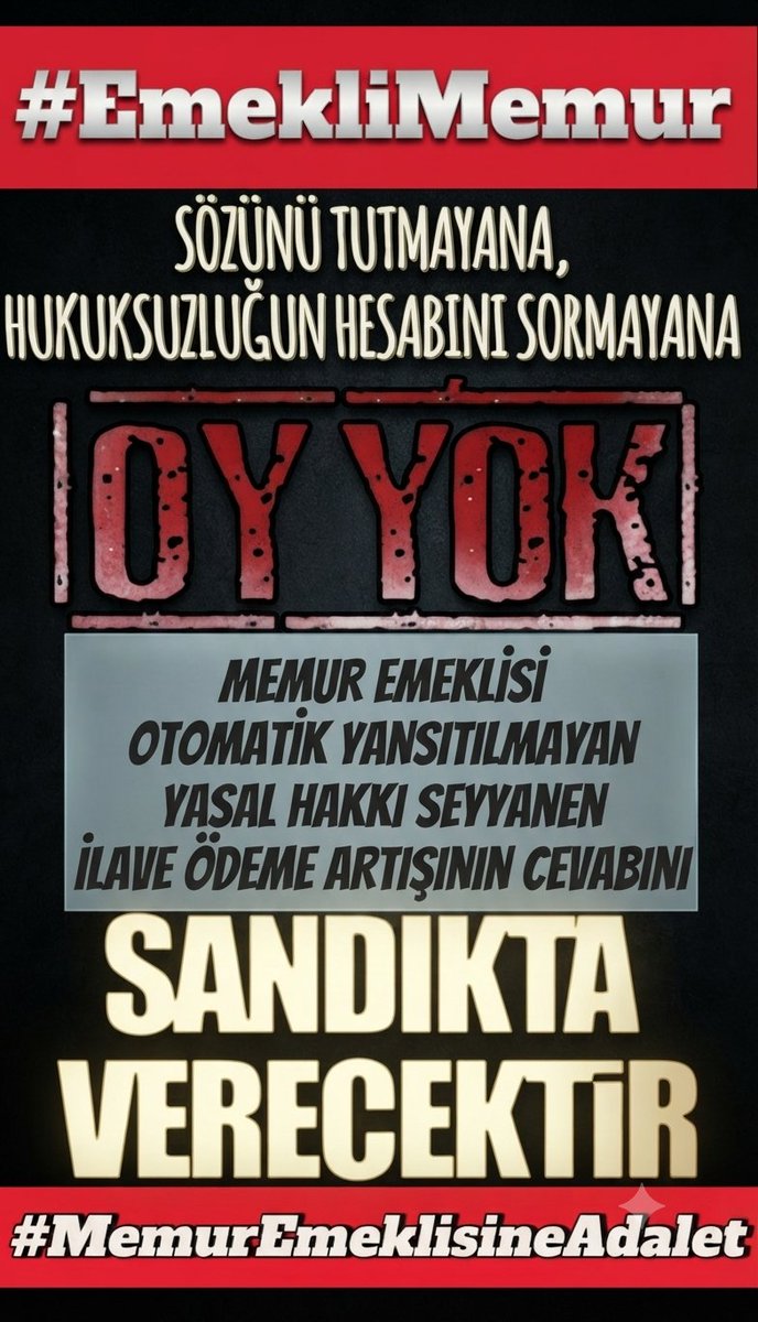 Memur_Emekli33's tweet photo. Cumhurbaşkanlığı seçimlerine üç gün kala 11 Mayıs 2023 gün Cumhurbaşkanı Recep Tayyip Erdoğan Memurlara yapılacak artışların OTOMATİK olarak Memur Emeklilerinin aylıklarına da yansıyacağını dile getirdi, sosyal medya hesaplarından paylaştı
Temmuz 2023 e gelindiğinde memurlara yapılan seyyanen artışı Memur Emeklilerine de OTOMATİK yansımak zorunda olduğu halde hukuka aykırı KHK düzenlemesi ile yansıtılmadı
2 buçuk milyon memur emeklisi mağdur edildi ve 38 aydan beri hakkımızı alamıyoruz
25.153 TL seyyanen hakkımız aylıklarımıza yansıtılmıyor ve 38 aylık 955 bin TL alacağımız birikti
Memur Emeklisi @nowhaber @nowtvturkiye @dogansenturk @cigdemtoker @MuratYetkin2 @nevsinmengu #EmekliMemur #MemurEmeklisineAdalet