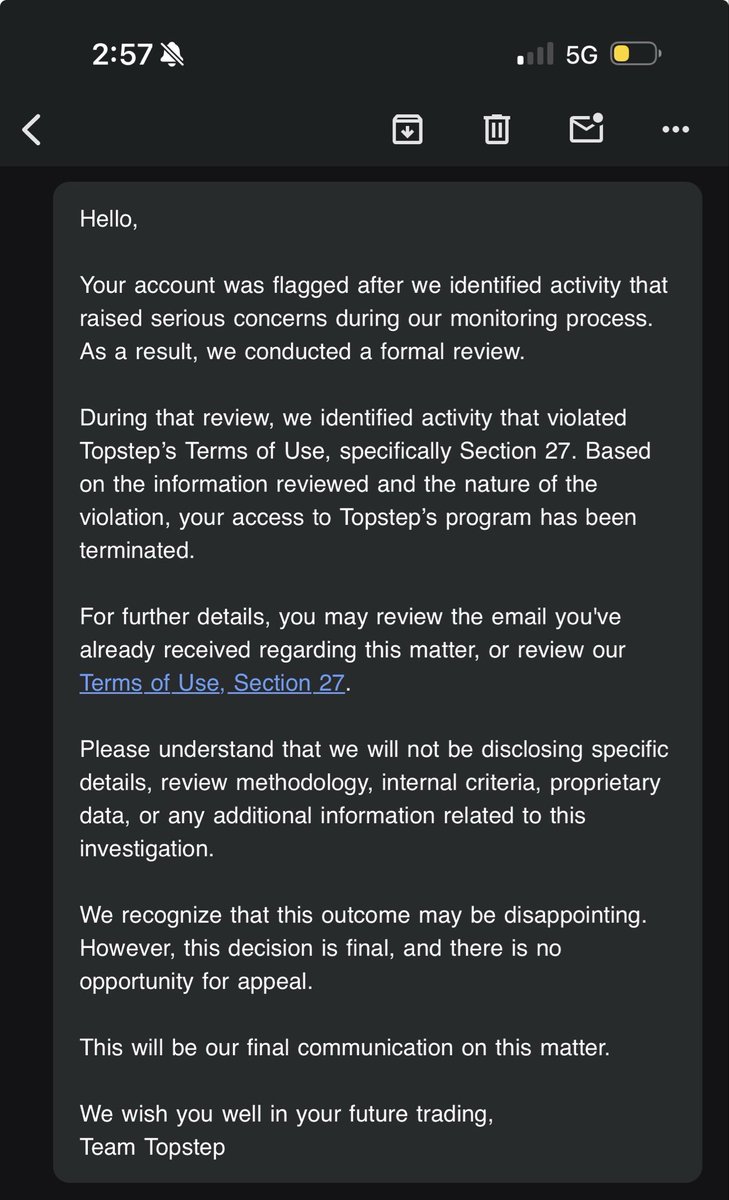 CptSlater's tweet photo. Hello hoping @Topstep @AskTopstep and @MichaelPatak could help me. I was banned this morning for a section 27 violation related to copy trading. I’m a solo trader and don’t copy trade anyone or use any copy traders besides the one built into ProjextX. Please help. @PropFirmMedia https://t.co/aiXVYqKZMz