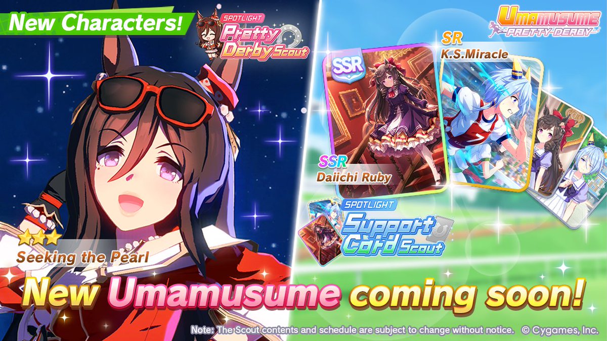 umamusume_eng's tweet photo. 📢 New characters are on their way to debut on Aug 12 (UTC):

🥕 3★ Seeking the Pearl will appear in the Pretty Derby Scout!
🤝 SSR Daiichi Ruby and SR K.S.Miracle will also appear in the Support Card Scout!

#Umamusume https://t.co/TjxcPkVISj