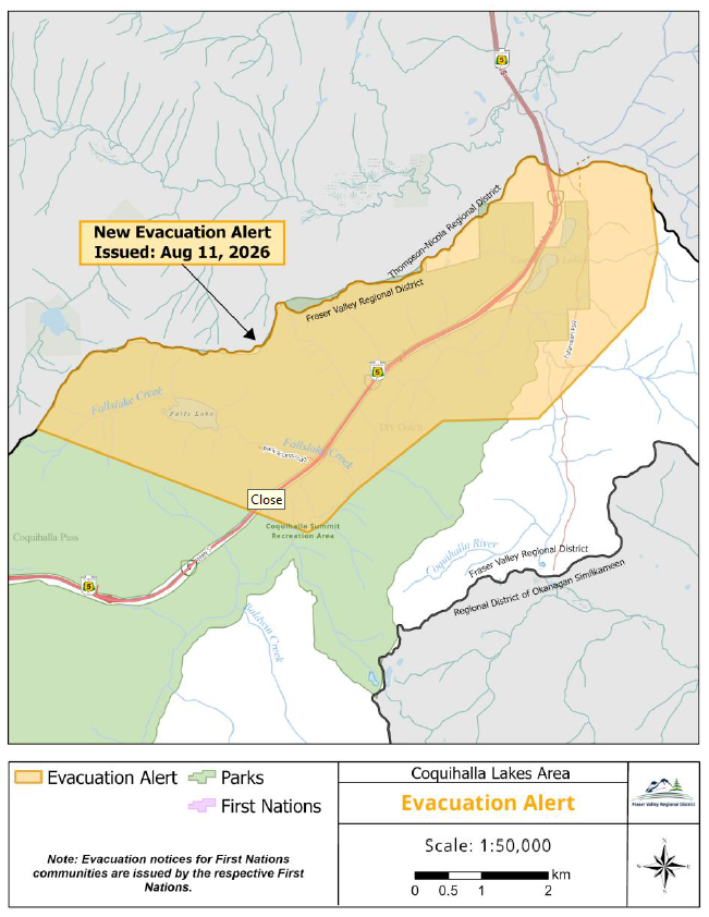 EmergencyInfoBC's tweet photo. The Fraser Valley Regional District has issued an Evacuation Alert for the #Coquihalla Lakes area (Electoral Area B) due to the Brunswick Creek Complex (V10742) and Ainslie Creek (V10755) wildfires. Impacted people must be ready to leave on short notice. More information: https://t.co/rSzOIwIYbd #BC #BCWildfire