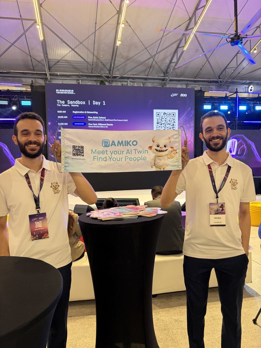 Hey_Amiko's tweet photo. Day one of AIMTO, AI Malaysia Takeover, is complete, and the Amiko team is having a blast.

Amiko Discovery went live yesterday, and this was the first time anyone used it in public. It’s on the Play Store now, plus a PWA on our site. iOS is in Apple review.

 Links to download Amiko Discovery at https://t.co/VqHOFk8eUh