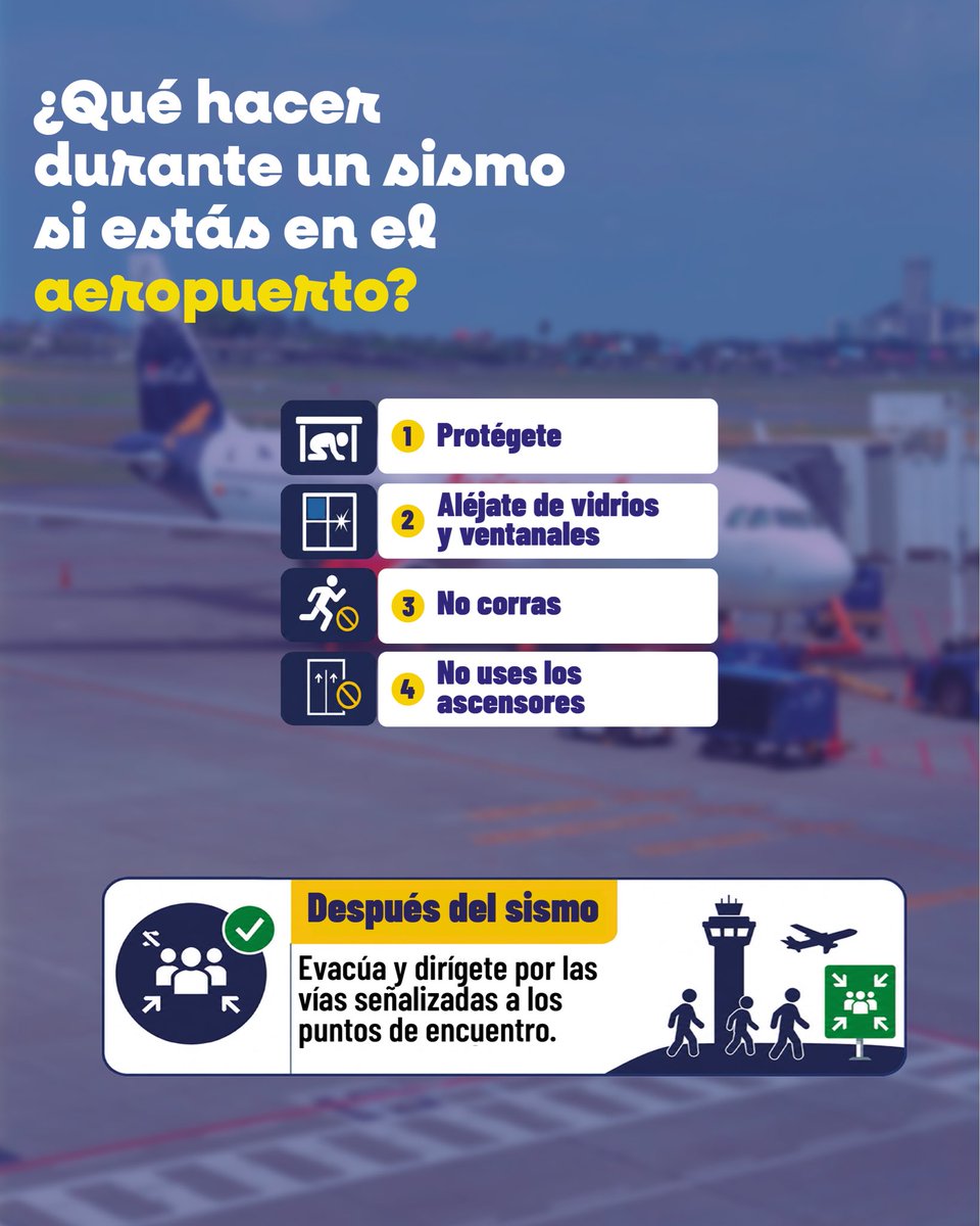 Aeropuerto_AAG's tweet photo. 🚨 Si estás en el aeropuerto durante un sismo, mantén la calma y actúa con precaución.

Aléjate de vidrios, no corras y no uses ascensores. 
Después del sismo, dirígete a las zonas seguras.
#AsiSeHaceGuayaquil 
#AquiEstamos
#GuayaquilNoSeDetiene https://t.co/yq4EjEO7in