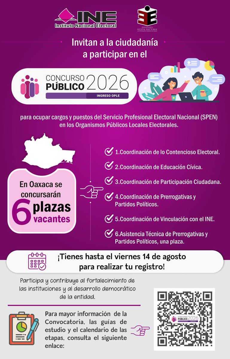 Elizabeth_SG1's tweet photo. Este 2026, el @INEMexico y el #IEEPCO te invitamos a participar en el Concurso Público 2026 del #SPEN y contribuir al fortalecimiento de las instituciones y al desarrollo democrático de #Oaxaca. Más información en 🔗https://t.co/9mnmuXF9zN https://t.co/CDiwUf68BP