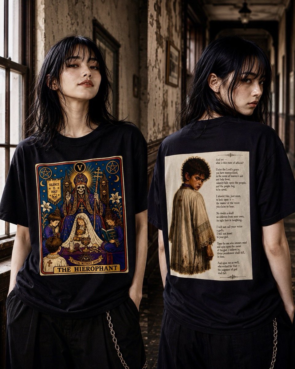 SSewXWihqLZu33x's tweet photo. 一度は拝んでみたいものだな
お前が聞いた声の主

🔗 The Hierophant
-<神>への反駁-Tシャツ

詳細・ご購入はこちら👉 https://t.co/cLz4KHykf3

（※Tシャツのカラーはアッシュの他、インディゴ、ブラック等に切り替え可能です）

#SUZURI
#TheHierophant #Tarot 
#OccultArt https://t.co/rpxlZnvjbh