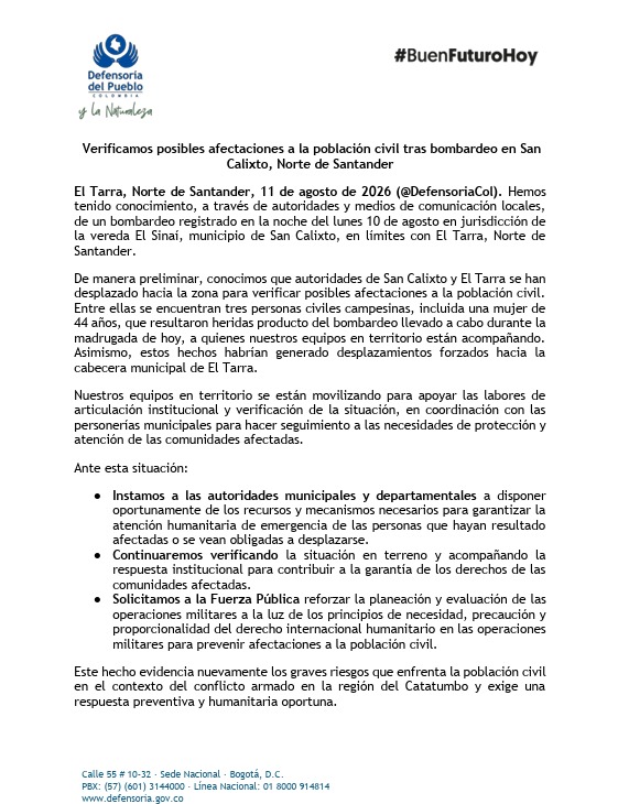RevistaSemana's tweet photo. La Defensoría del Pueblo denunció que el primer bombardeo ordenado por el Gobierno de Abelardo De La Espriella habría "afectado población civil" en el Catatumbo. La operación dirigida al ELN, al parecer, dejó tres campesinos heridos. https://t.co/if1kX8q65f https://t.co/2DyGjFDu1B
